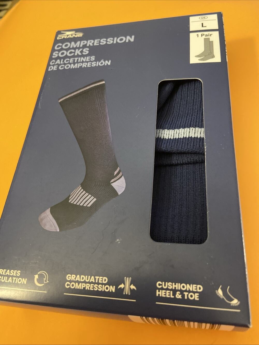 NEW CRANE COMPRESSION SOCKS Dark Blue with gray, Size Large